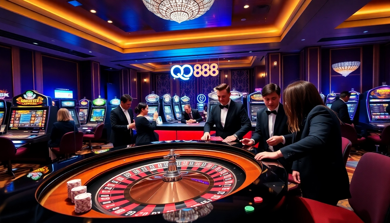 Players enjoying exciting casino games at QQ88, featuring roulette tables, poker chips, and vibrant slot machines.