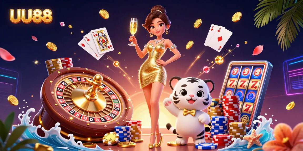 Experience thrilling wins at UU88 with an elegant woman and a charming tiger beside a roulette wheel.