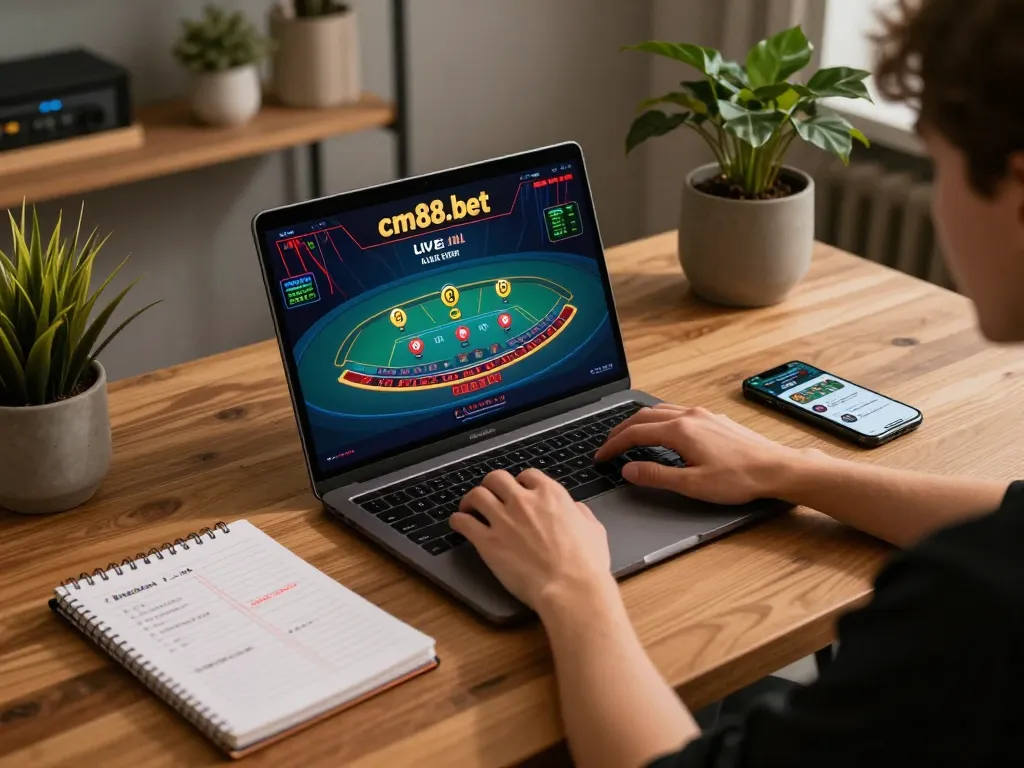 Engaging in cm88-bet online gaming with live dealer baccarat on laptop, strategic focus evident.