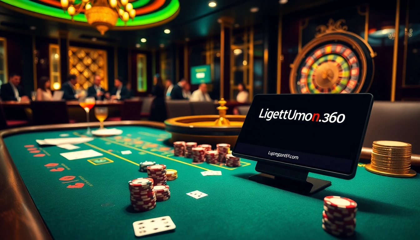 A dynamic casino scene showcasing poker chips and dice, highlighting https://luongsontv60.com/ as a premium online gambling platform.