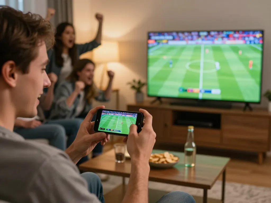 Excited sports bettor using tylekeonhacai88 app to place wagers on a live football match.