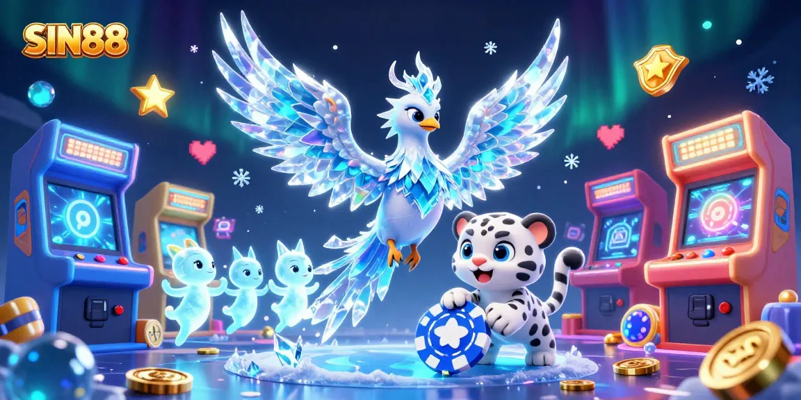 SIN88 engages players with a lively scene of a phoenix and ice sprites amidst vibrant casino games.