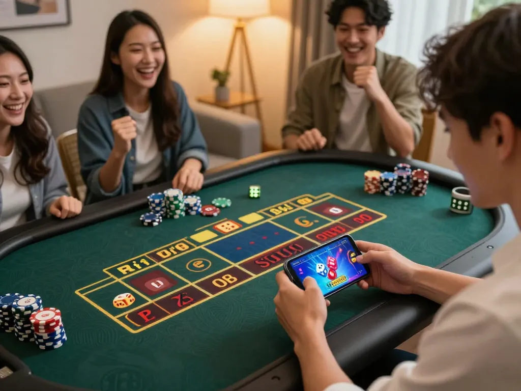 Player engaging in Tài Xỉu online gaming on smartphone, enjoying a social atmosphere with friends, taixiuonlinego experience.