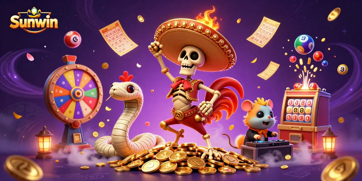 Sunwin players celebrate with exciting winnings in a colorful casino scene filled with vibrant gaming elements.