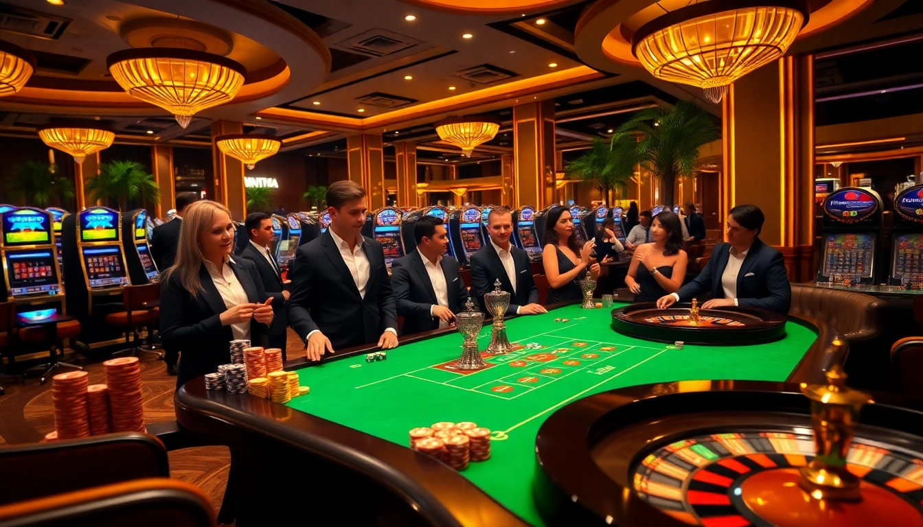 Excitement at SUNCITY Casino table with professional dealers, colorful chips, and gleaming roulette wheel.