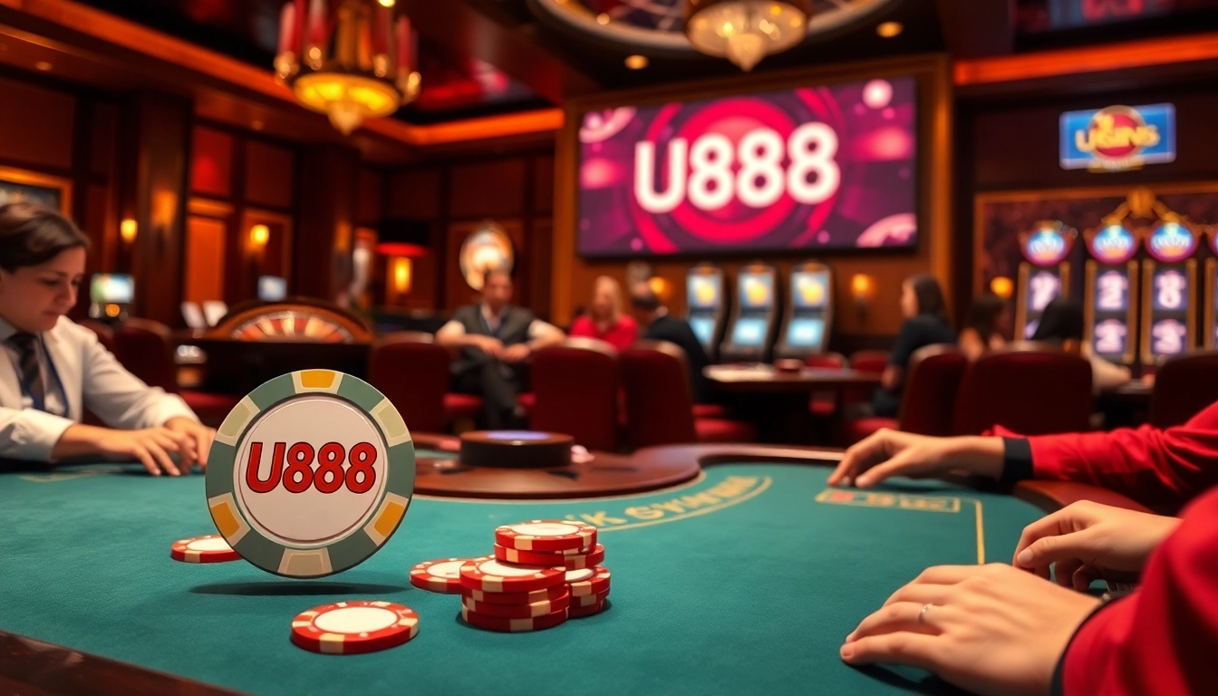Experience the thrill of U888 with luxurious poker chips and casino tables.