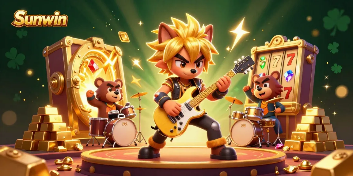 Spin slots with Sunwin, featuring a rock star wolf in a vibrant casino scene