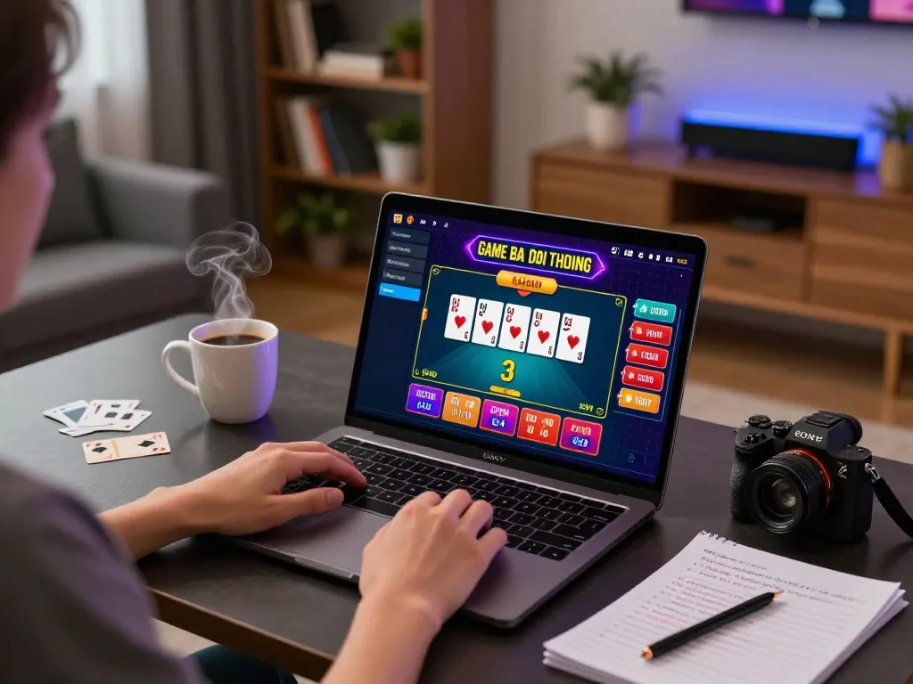 Engaging online gaming moment with Game bai doi thuong displayed, laptop and betting notes present