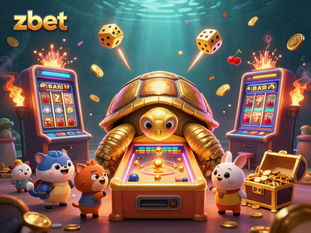 Join the excitement of zbet's online casino experience with a vibrant 3D scene featuring a golden tortoise pinball machine.