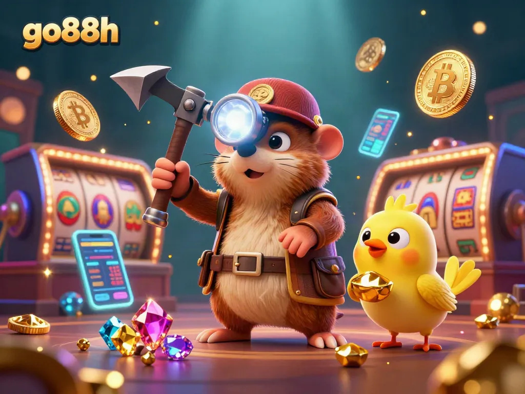 Experience go88h's thrilling treasure hunt with a mole and canary in a dazzling casino scene.