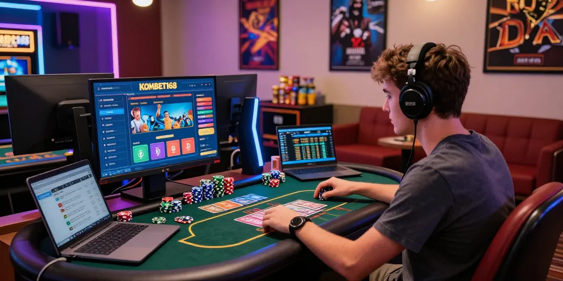KOMBET168 player immersed in a lively casino environment with gaming setup