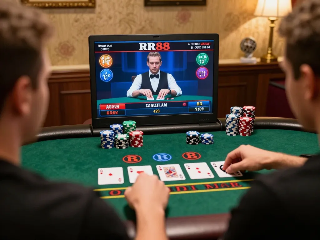 Player enjoying blackjack game at RR88 online casino with warm ambiance and focused strategy.