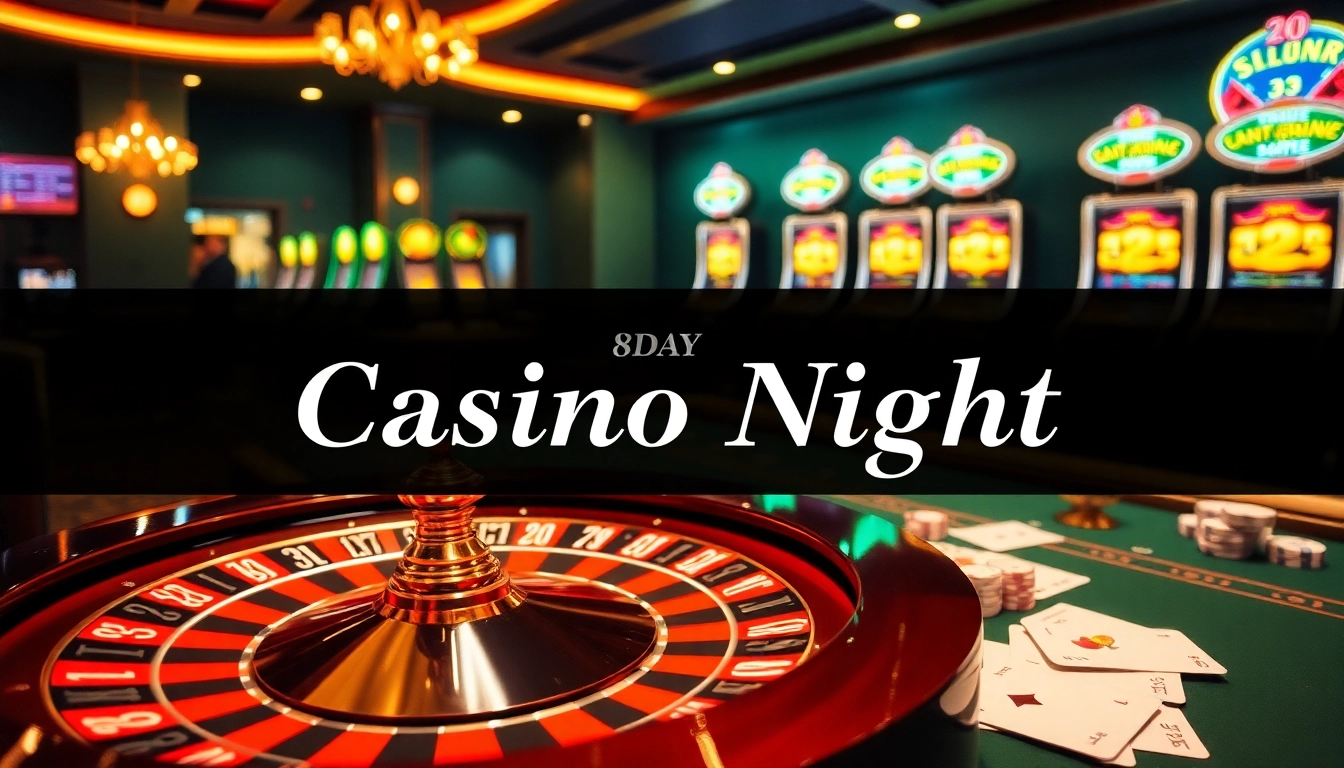 A dynamic casino scene showcasing the thrill of 8DAY gambling with poker tables and roulette wheels.