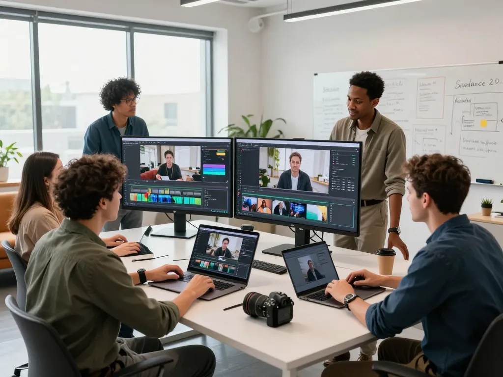 Video production team using ai seedance 2.0 to create dynamic content in a bright modern workspace.