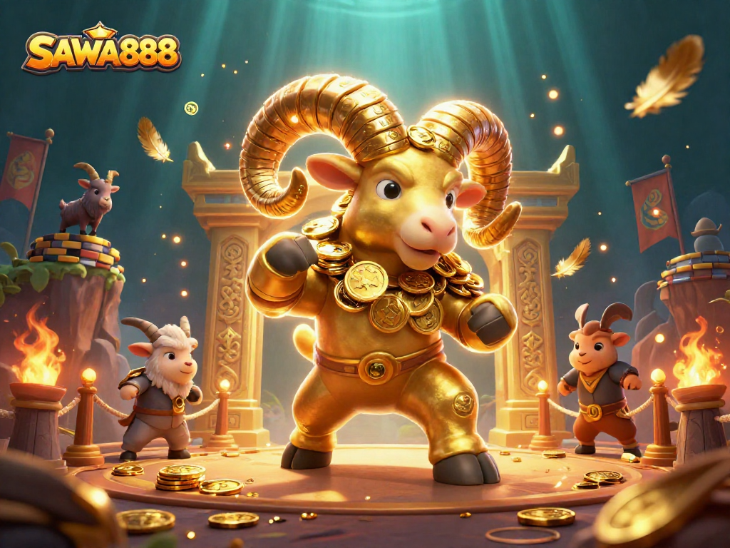 Experience thrilling gameplay at SAWA888 with vibrant golden ram charging through a dynamic slot theme.