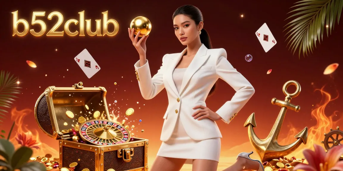 b52club showcases an elegant Asian woman with a roulette ball in a vibrant casino scene overflowing with gold and luxury elements.