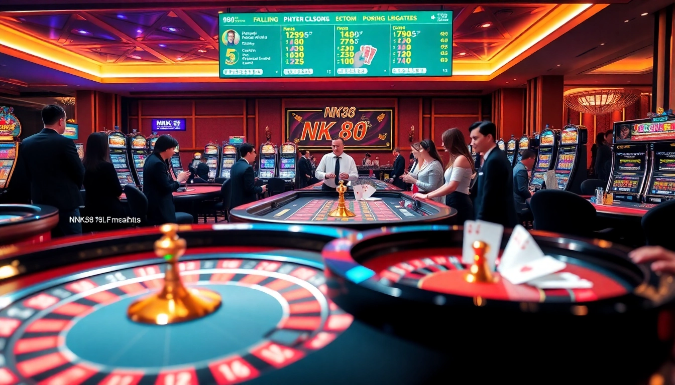High-stakes players enjoying thrilling games at NK 88 casino, with vibrant poker chips and roulette wheel.