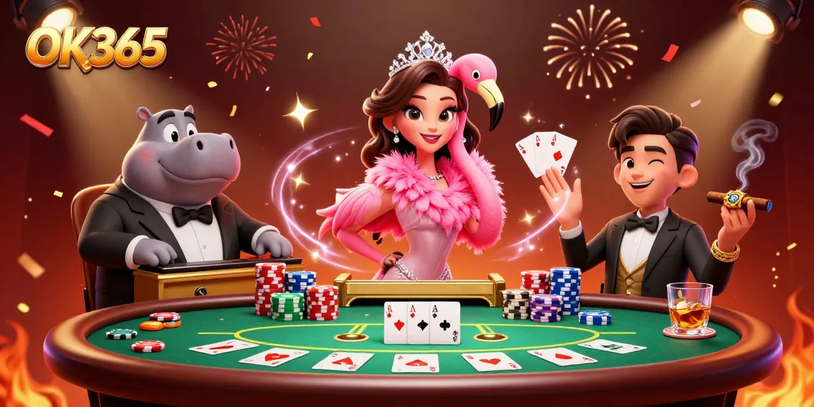 Experience the excitement of OK365 online casino with a vibrant 3D illustration of a flamingo singer and hippo bassist.