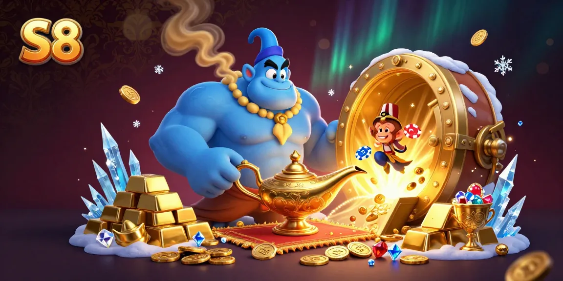 Engage your luck with S8 in this vibrant casino scene, featuring a genie, magic carpet, and treasure.