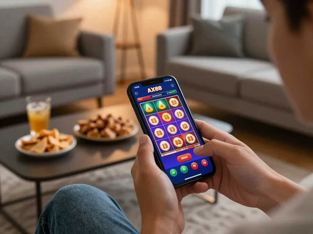 Engaged player using AX88 link vào app on smartphone, showcasing online slot game excitement.