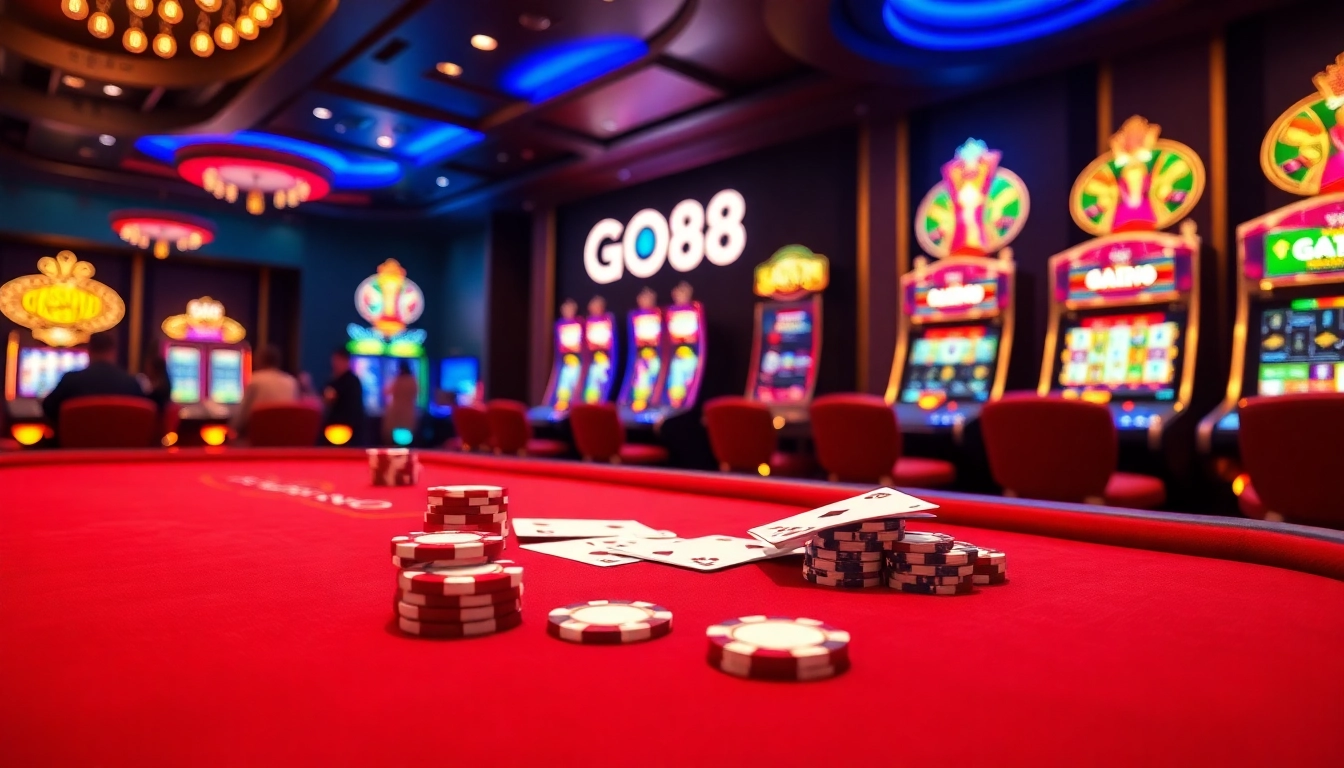 Players winning big at GO88 casino with vibrant slot machines and elegant poker tables.