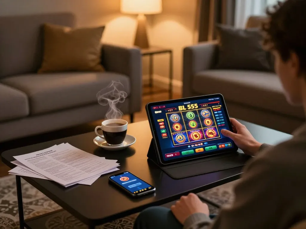 Engaging with BL 555 online gaming on a tablet, showcasing vibrant casino action in a cozy home setting.