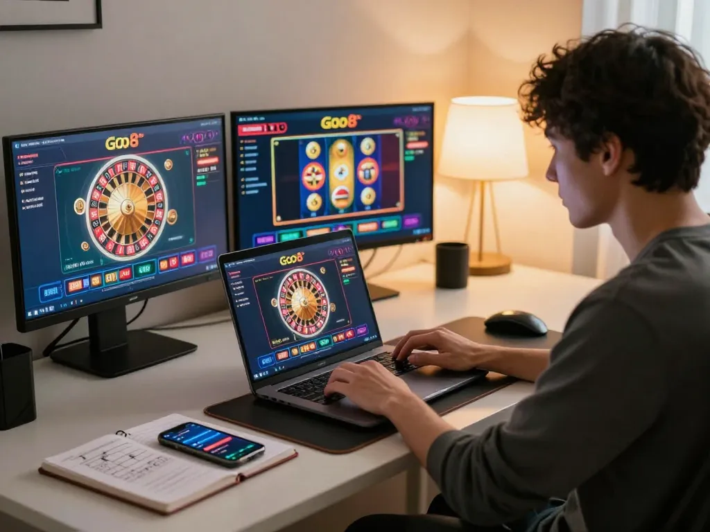 Player engaging in Go8 online casino gameplay with multiple devices in a modern setup.