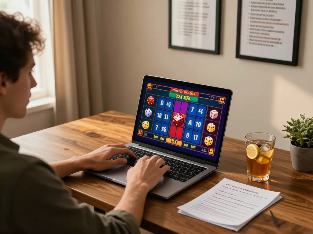 Engaging in Tài Xỉu online gaming with strategic notes visible in a cozy home office setup.