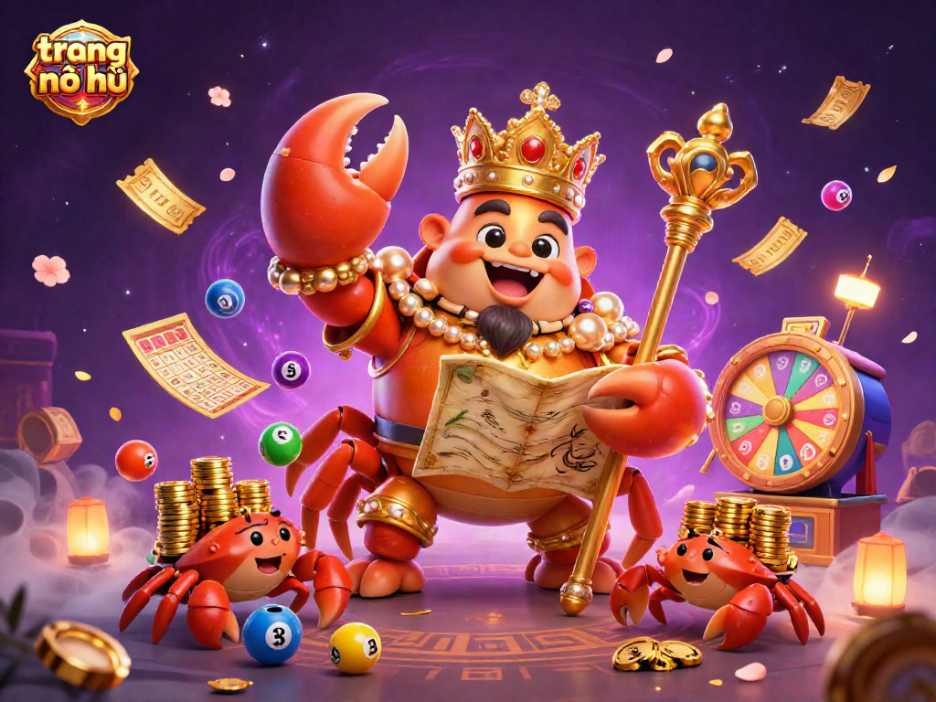 Engage with trang nổ hũ's vibrant lottery scene featuring a golden crab emperor amidst lively game elements.