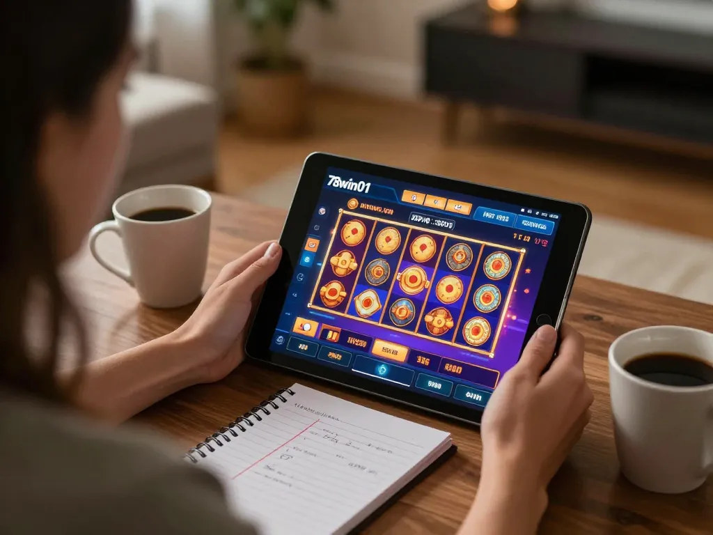 Player engaging with 78win01 on a tablet, showcasing online casino graphics with personal betting notes.