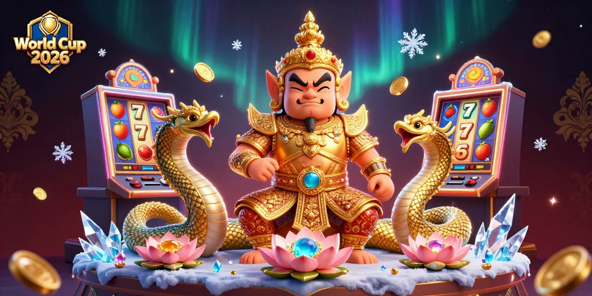 Engage in World Cup 2026 with a vibrant scene of a golden yaksha guardian, casino slot machines, and rich gaming elements.