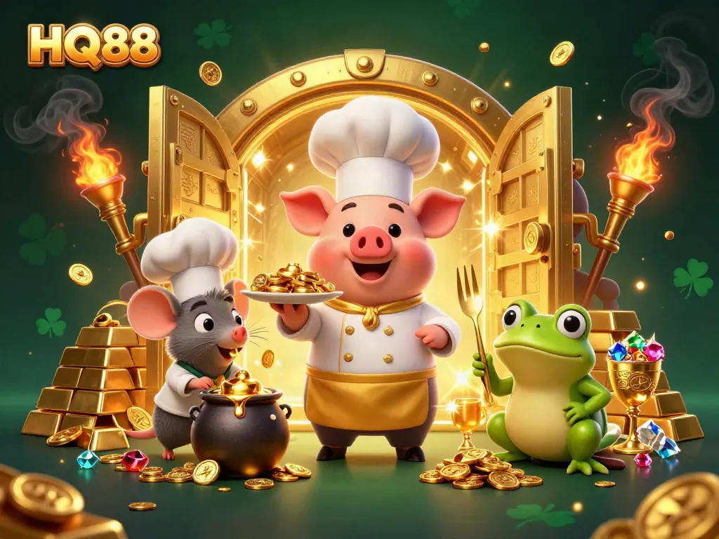 Experience gaming excitement at HQ88 with a chef pig serving gold coins amidst sparkling treasures.