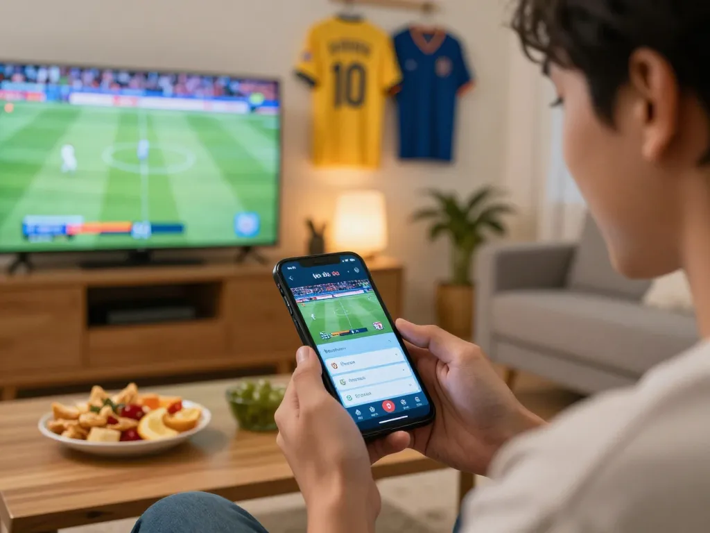 Engaging moment of a bettor placing a bet on kèo nhà cái using a smartphone while watching a live sports game.