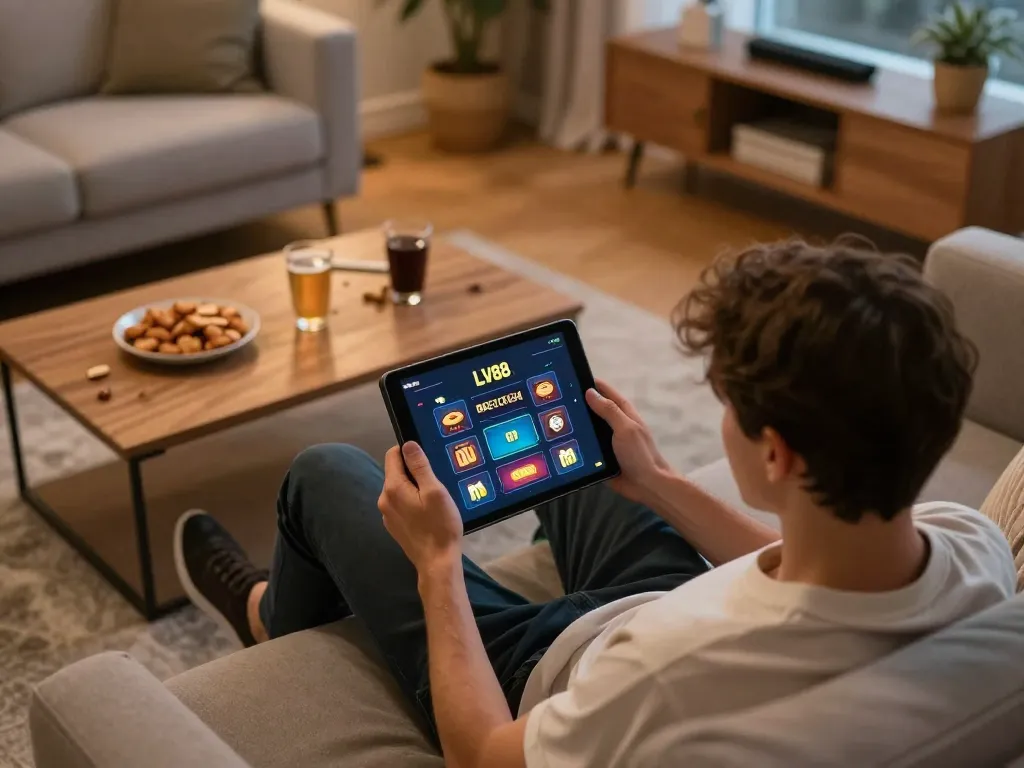 Player engaging with LV88 casino app on tablet, enjoying a cozy home gaming experience
