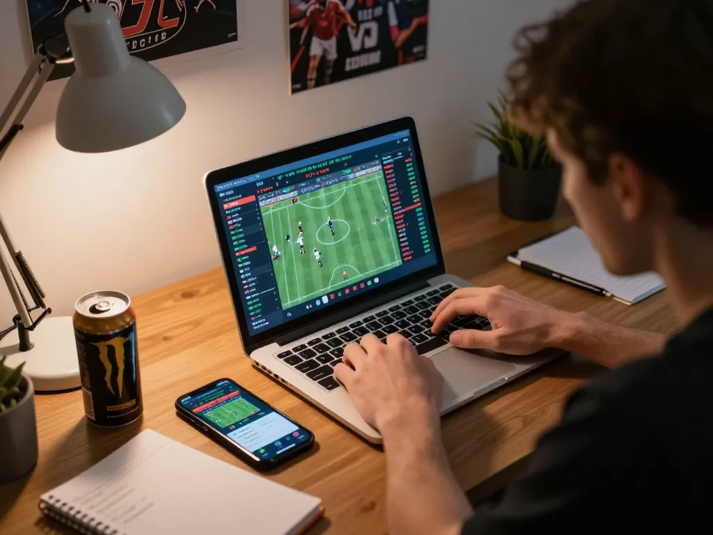 Engaged player placing bets on LV88 sports betting app, detailed statistics visible on laptop screen.