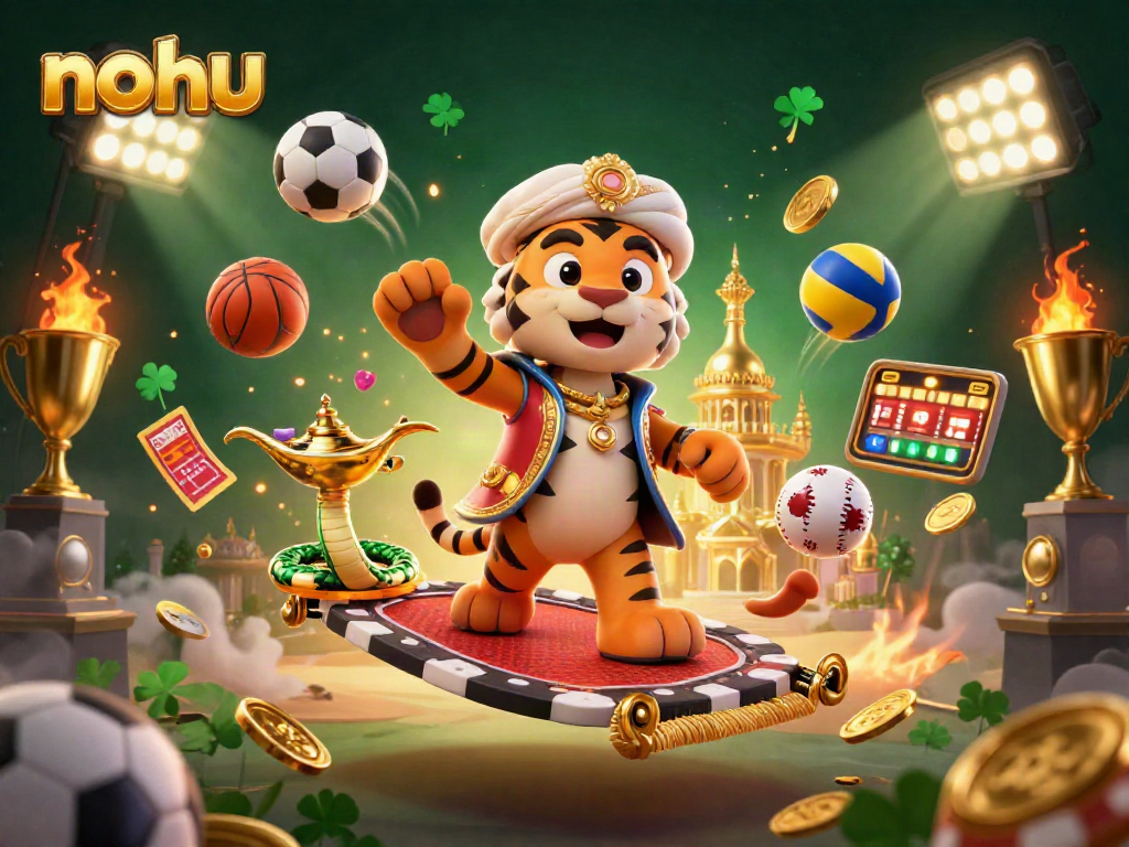 Nohu captures the thrilling excitement of winning with a unique 3D casino scene featuring a sultan, genie, and dynamic game elements.