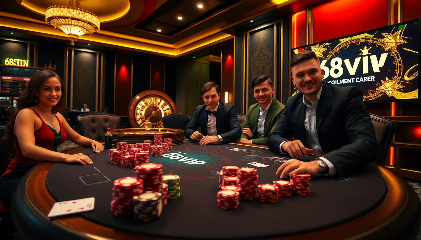 Experience luxury gaming at 68VIP with vibrant poker chips and thrilling casino tables.