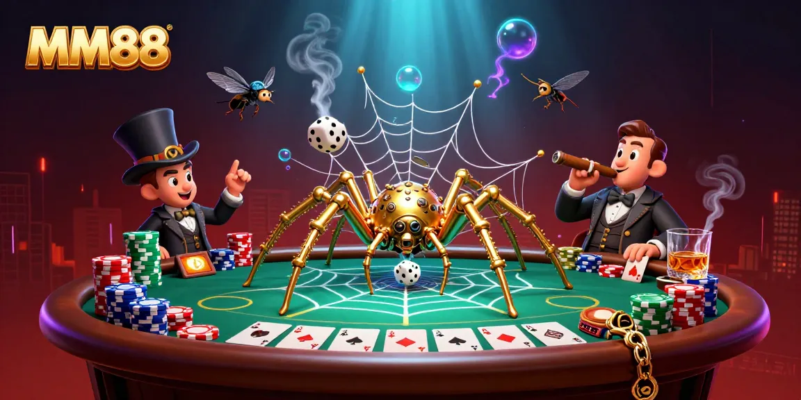 Experience the thrilling MM88 action with a steampunk web of poker and a whimsical fly gentleman.