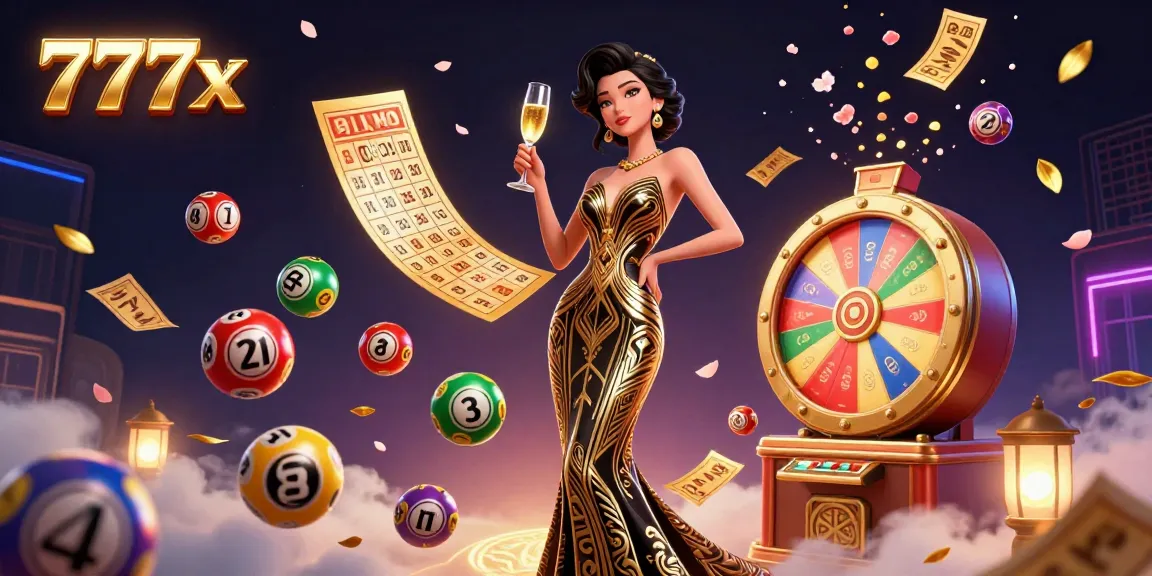 Join the excitement at 777x with this vibrant illustration featuring lottery elements and casino glamour.