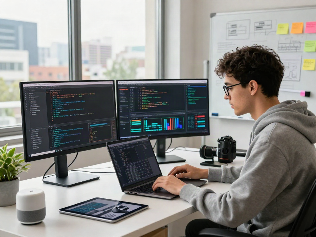 Software developer coding in a vibrant workspace for ia +18, showcasing modern tech and innovation.