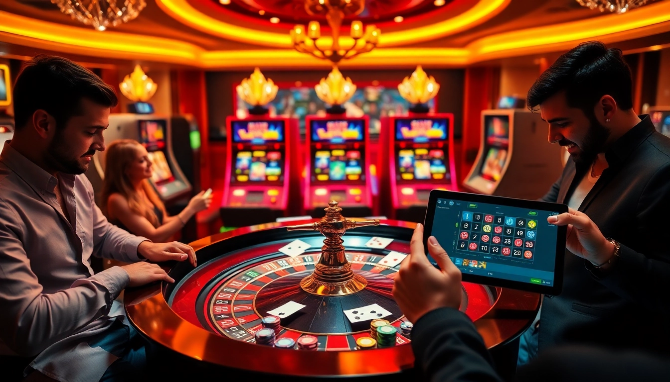 Experience the thrill of 33win com with players at a lively roulette table surrounded by vibrant casino elements.