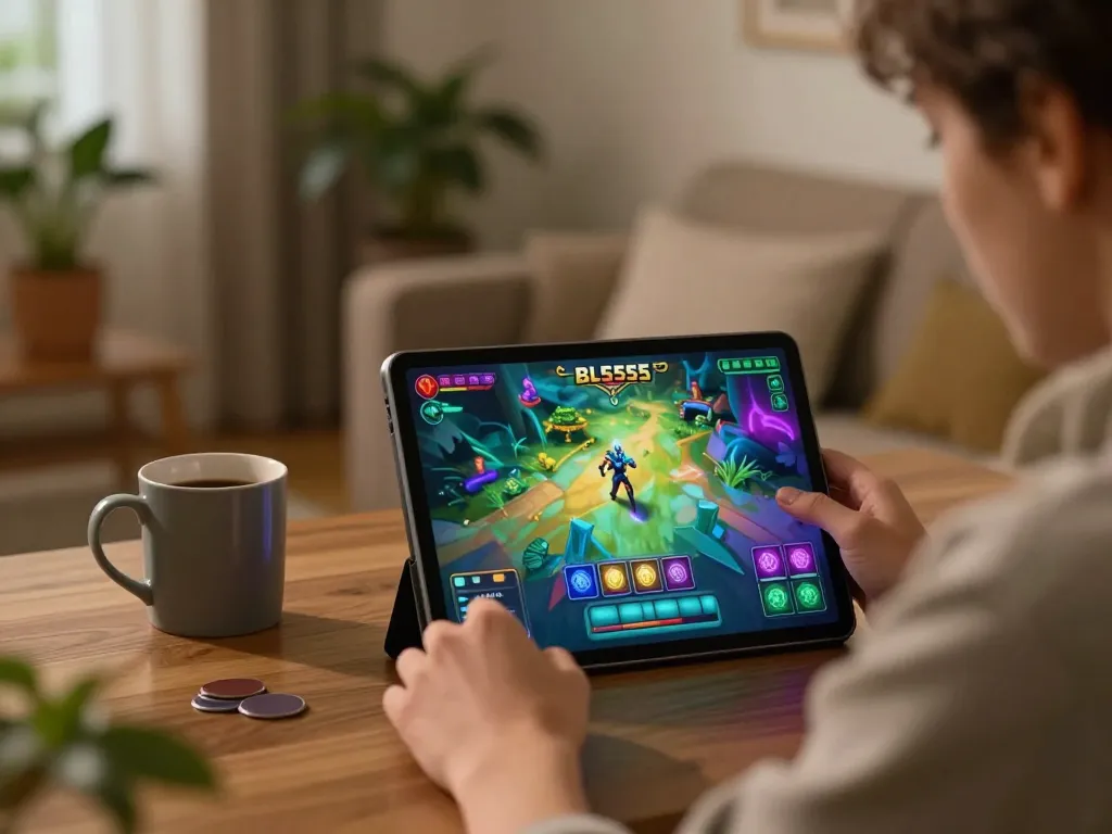 BL555 player engaged in strategic online gaming with a tablet in a cozy home setup.