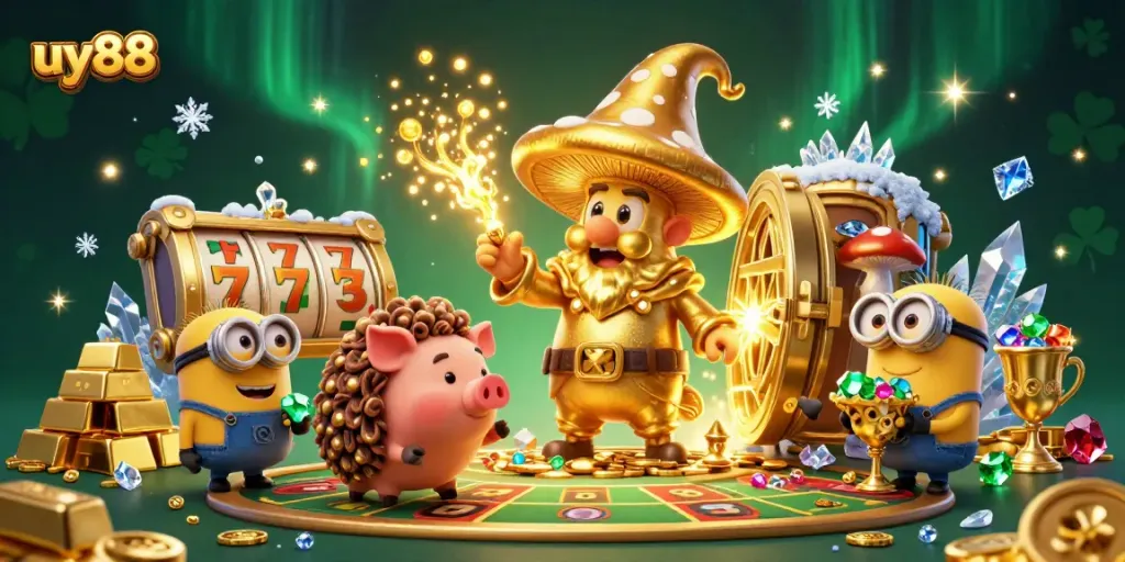 Engaging scene featuring a golden mushroom wizard alongside treasure and casino elements illustrating uy88.