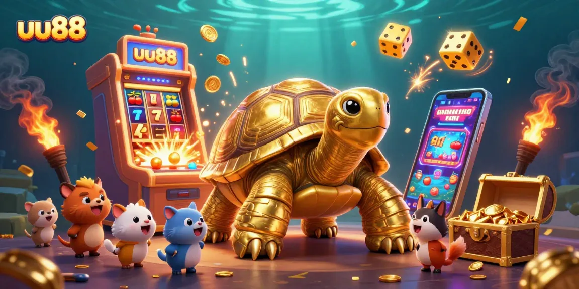 Experience the excitement of uu88 with a vibrant, 3D illustration featuring a golden tortoise pinball machine and slot machine.
