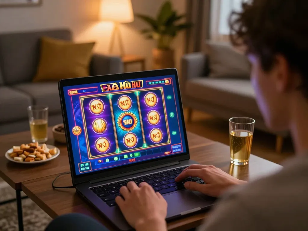 Nổ hũ gameplay on a laptop in a cozy living room with snacks and drinks around.