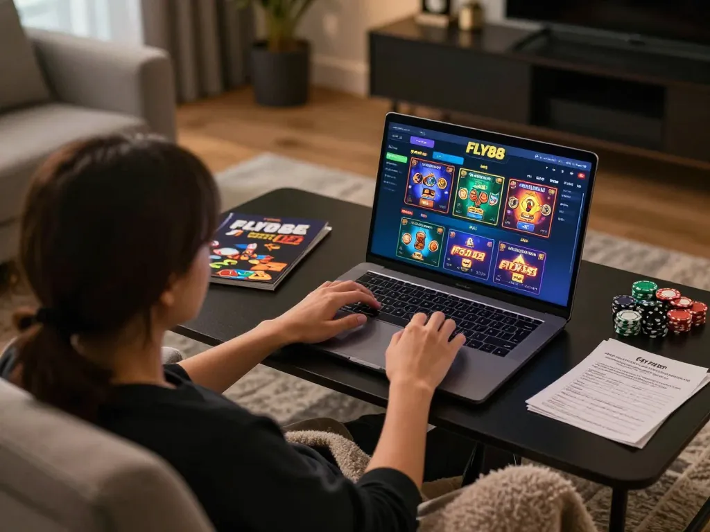 Player enjoying FLY88 online casino games on a laptop with a cozy home atmosphere