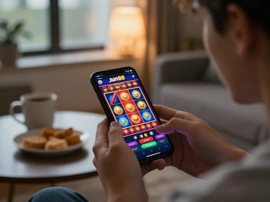 Player enjoying jun88 online casino on smartphone in a cozy home environment.