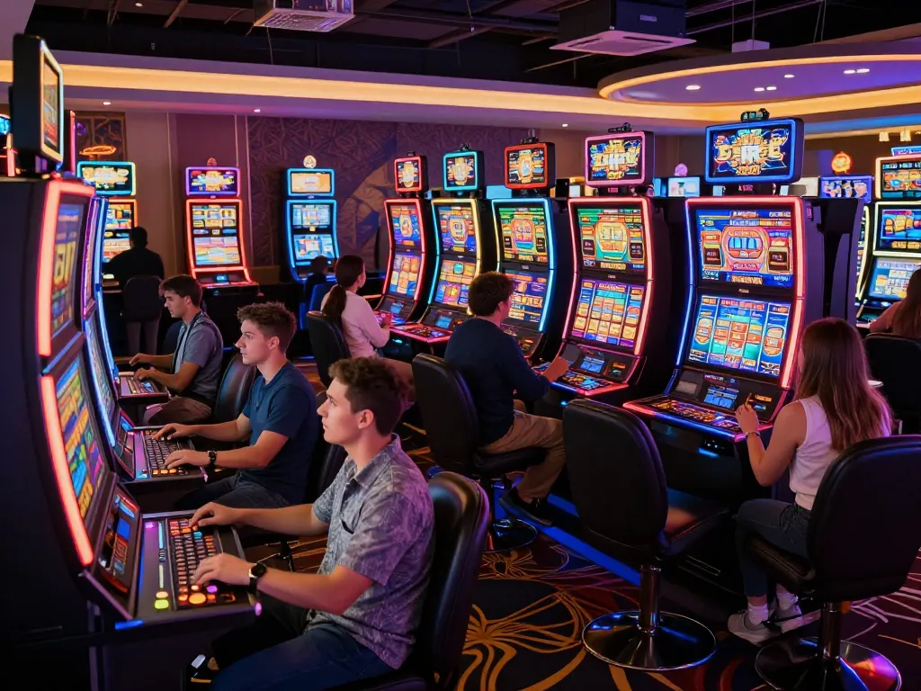Nohu90 players enjoying exciting slot games in a vibrant casino atmosphere.