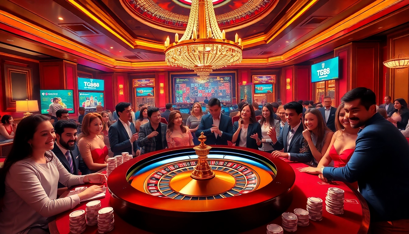 Players enjoying a high-stakes game at a luxurious casino table with tg88 theme.