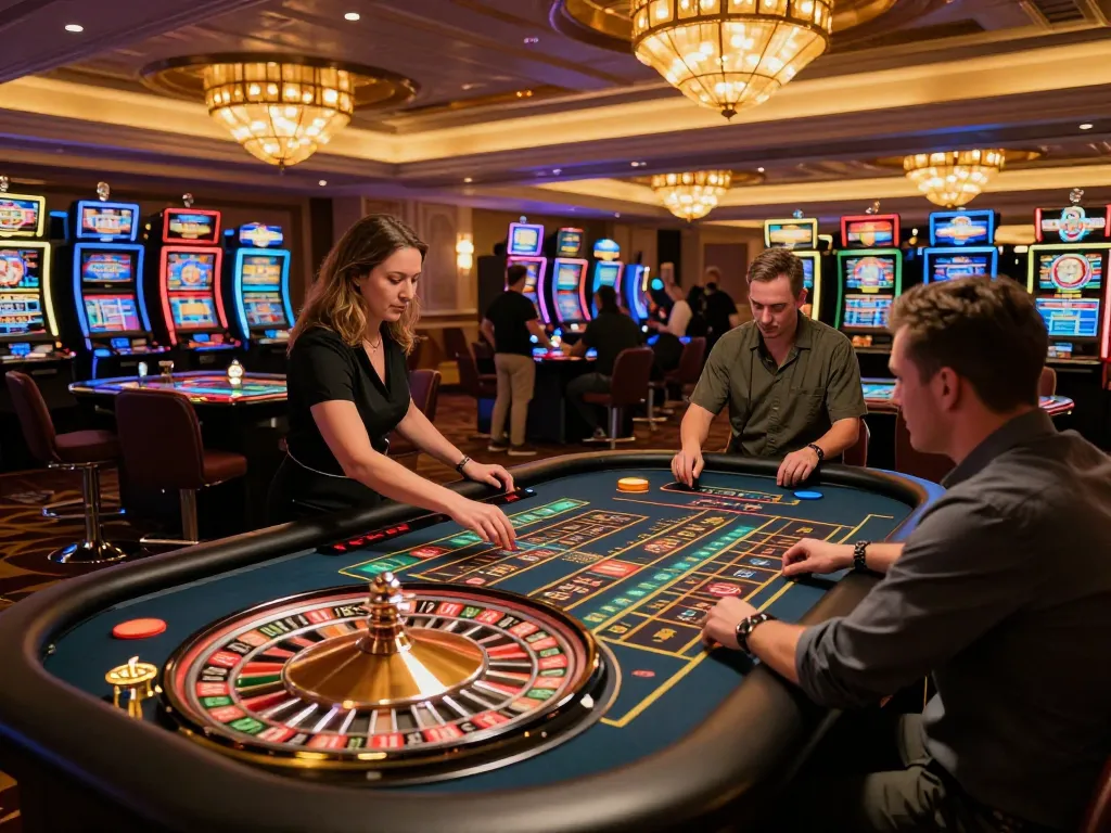 Players eagerly placing bets at the UU88 roulette table in a vibrant casino atmosphere.